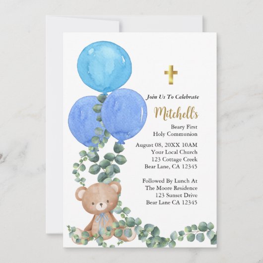 Invitation Béary Bleu Balloon Première communion sainte (Devant)