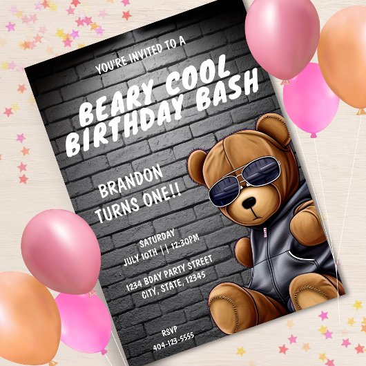 Invitation Beary Cool Hip hop Teddy Bear Première fête d'anni