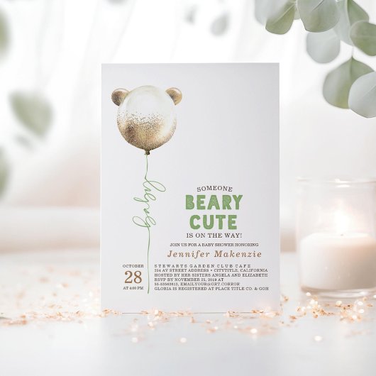 Invitation Beary Cute Gold Balloon Teddy Bear Baby Shower