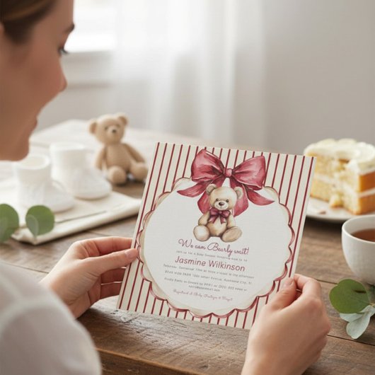Invitation Beary Cute Teddy Bear Bow Baby Shower
