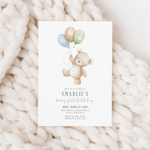 Invitation Beary First Balloon Boy 1er Birthday Teddy Bear