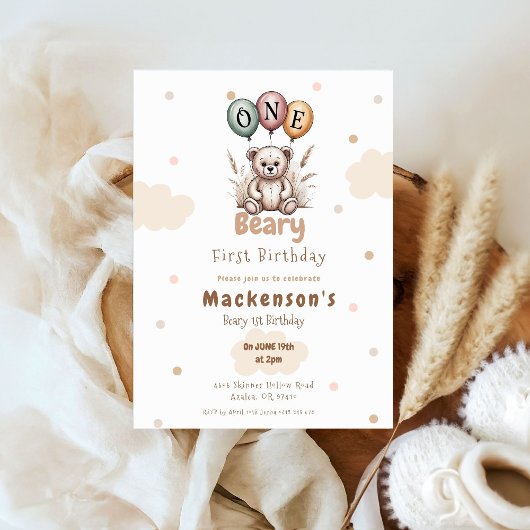 Invitation Beary First Balloon Boy 1st Birthday Teddy Bear