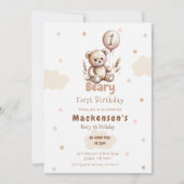 Invitation Beary First Balloon Boy 1st Birthday Teddy Bear (Devant)