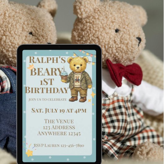 Invitation Beary First Birthday Blue Brown Dapper Bear