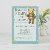 Invitation Beary First Birthday Blue Brown Dapper Bear (Debout devant)