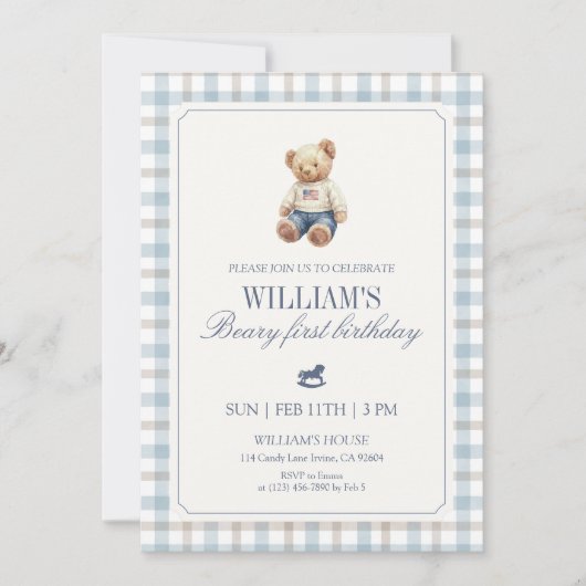 Invitation Beary First Birthday Boy Teddy Bear Gingham (Devant)