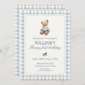 Invitation Beary First Birthday Boy Teddy Bear Gingham (Devant / Derrière)