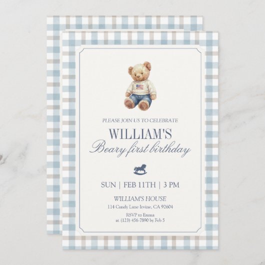 Invitation Beary First Birthday Boy Teddy Bear Gingham (Devant / Derrière)