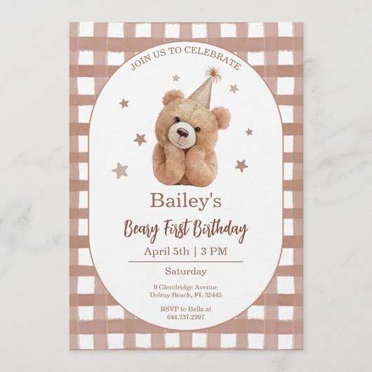 Invitation Beary First Birthday Gingham (Devant)
