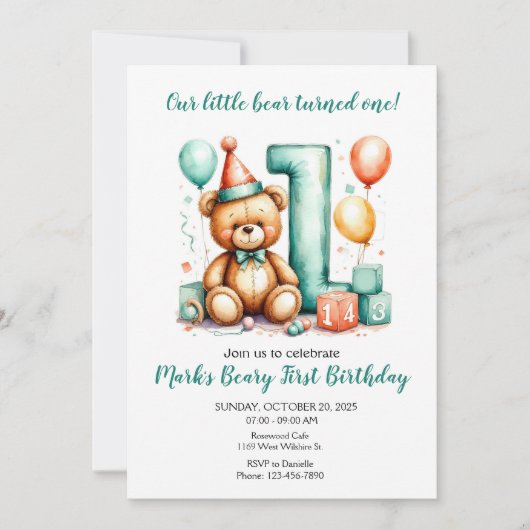Invitation Beary First Birthday Invite, Cute Bear 1st invite (Devant)