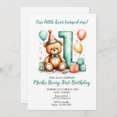 Invitation Beary First Birthday Invite, Cute Bear 1st invite (Devant / Derrière)