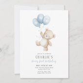 Invitation Beary First Blue Balloon Boy 1st Birthday Teddy (Devant)