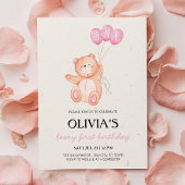 Invitation Beary First Pink Balloon 1er Birthday Teddy