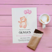 Invitation Beary First Pink Balloon 1er Birthday Teddy