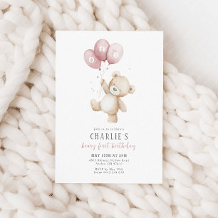 Invitation Beary First Pink Balloy Boy 1er Birthday Teddy