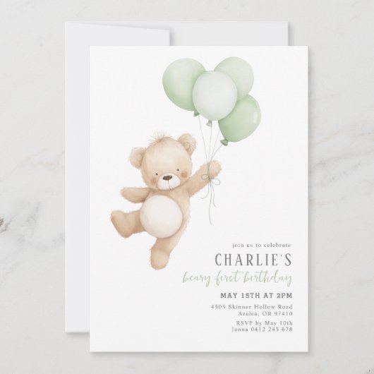 Invitation Beary First Sage Balloon Boy 1st Birthday Teddy (Devant)