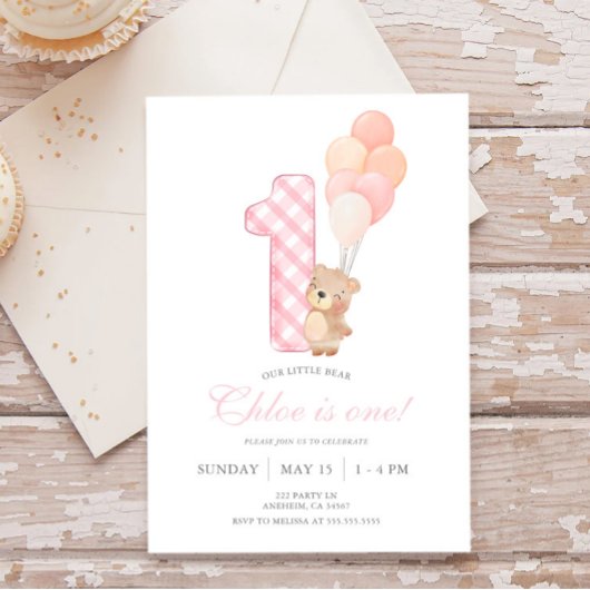 Invitation Beary First Teddy Bear Girl Birthday Party
