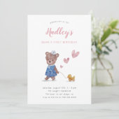 Invitation Beary First Teddy Bear Girl Birthday Party Invitat (Debout devant)