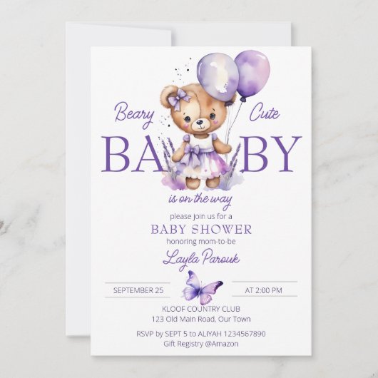 Invitation Beary ours mignon en peluche violet lavande baby s (Devant)