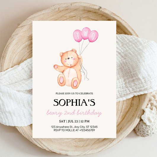 Invitation Beary Pink Balloon 2nd Birthday Teddy