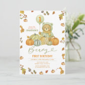 Invitation Beary Premier anniversaire Citrouille Vert Feuille (Debout devant)