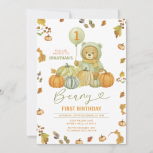 Invitation Beary Premier anniversaire Citrouille Vert Feuille