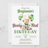 Invitation Béary premier anniversaire peluche fête ours vert (Devant)