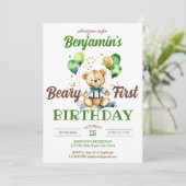 Invitation Béary premier anniversaire peluche fête ours vert (Debout devant)