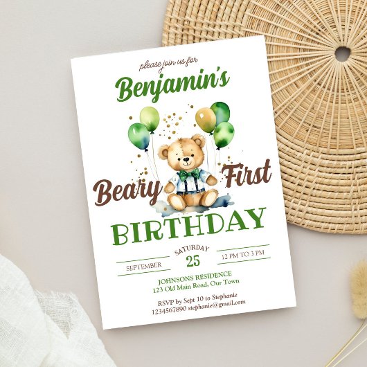 Invitation Béary premier anniversaire peluche fête ours vert
