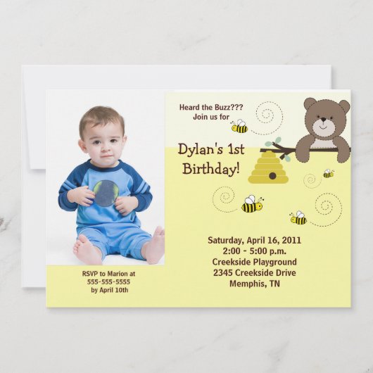 Invitation Beary Sweet Bear & Bee *PHOTO* Anniversaire 5x7 (Devant)