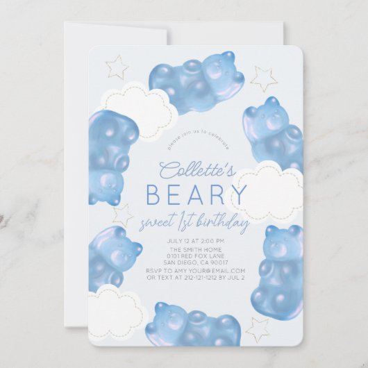 Invitation Beary Sweet Blue Gummy Bear Boy 1er anniversaire (Devant)
