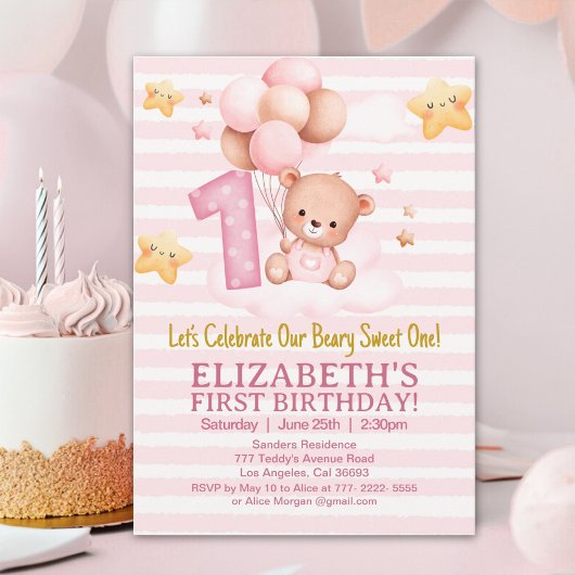 Invitation Beary Sweet First Birthday | Pink Boho Bear Girl