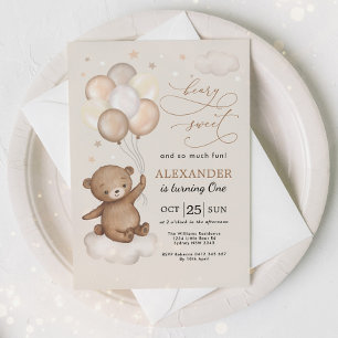 Invitation Beary Sweet Teddy Bear & Balloons 1st Birthday