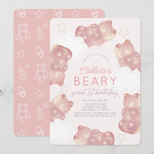 Invitation Beary Wait Gummy rose Ours Girl 1er anniversaire (Devant / Derrière)