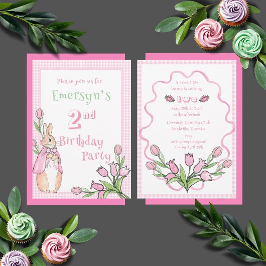 Invitation Beatrix Potter rose mignon 2e fête d'anniversaire