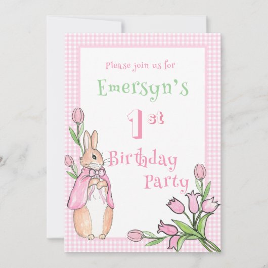 Invitation Béatrix Rose Cute Potter 1er fête d'anniversaire (Devant)