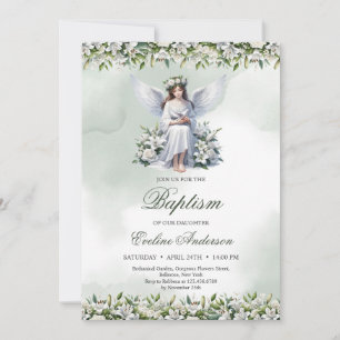 Invitation Beau ange avec colombe blanche lys Baptême