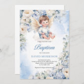 Invitation Beau ange bébé Dusty Blue ivoire Fleurs Baptême (Devant / Derrière)