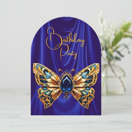 Invitation Beau Anniversaire Bleu Bijou Or Papillon (Debout devant)