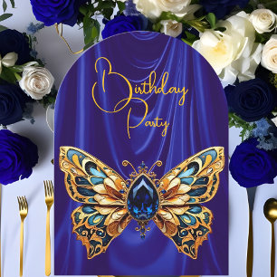 Invitation Beau Anniversaire Bleu Bijou Or Papillon