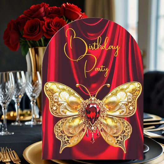 Invitation Beau Anniversaire Rouge Bijou d'or Papillon