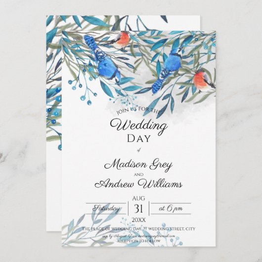 Invitation Beau Aquarelle Oiseaux et mariage de Foliage (Devant / Derrière)