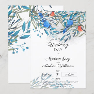 Invitation Beau Aquarelle Oiseaux et mariage de Foliage