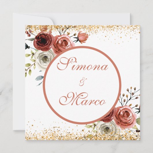 Invitation Beau Aquarelle Pinkish Carré or Mariage (Devant)