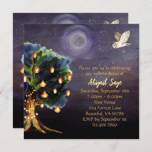 Invitation Beau arbre avec lanternes, Lune, Chouette Annivers (Devant / Derrière)