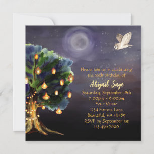 Invitation Beau arbre avec lanternes, Lune, Chouette Annivers