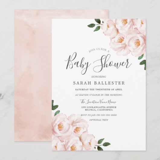 Invitation Beau Baby shower aux fleurs rose pâle (Devant / Derrière)