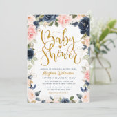 Invitation beau baby shower bleu marine et floral (Debout devant)