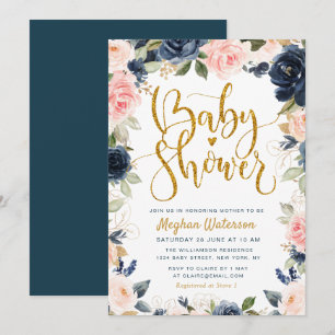 Invitation beau baby shower bleu marine et floral