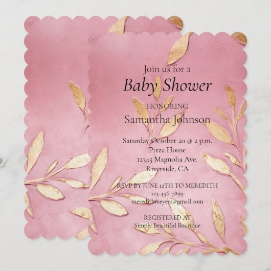 Invitation Beau Baby shower Feuille de Glam Or Rose (Devant / Derrière)